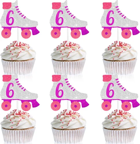 Vista 11 de 18 piezas de decoración de cupcakes para fiestas de cumpleaños número 10, decoración de patín rosa y morado para niños de 10 años y niñas, fiesta