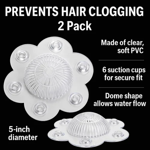 Vista 2 de Paquete de 2 cubiertas de drenaje para atrapa el cabello, PVC suave en forma de cúpula de 5 pulgadas con 6 ventosas, tapón transparente