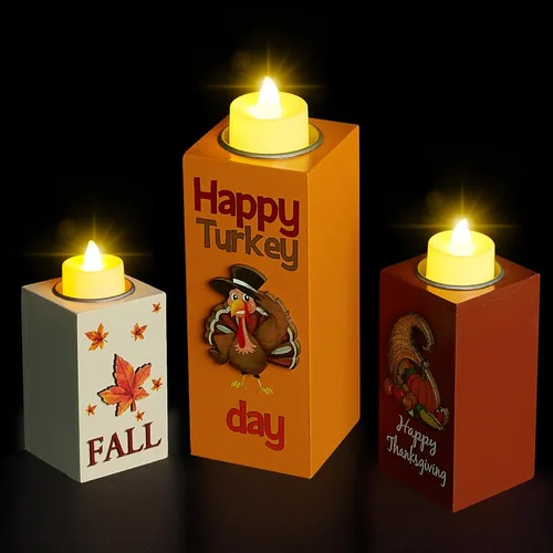 Vista 8 de BlcTec Decoraciones de Halloween, 3 PIEZAS Portavelas de Madera de Halloween con Luces de Té LED y Tallado 3D, Centros de Mesa de Velas de Madera