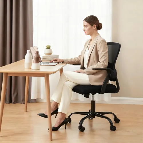 Vista 2 de DUMOS Silla de Oficina para Hogar y Computadora - Ergonómica con Respaldo Medio y Soporte Lumbar y Modo de Balanceo, Altura Ajustable con Brazo
