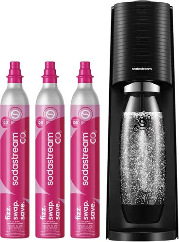 SodaStream Terra - Paquete para hacer agua con gas en color negro, incluye 3 unidades de CO2 y botella de carbonatación