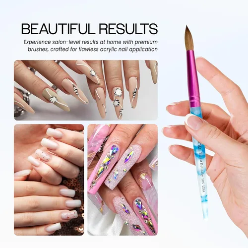 Vista 4 de PANA Pure Kolinsky - Cepillo de uñas acrílicas para el cabello, forma redonda, casquillo rosa con mango azul remolino blanco (talla 10)