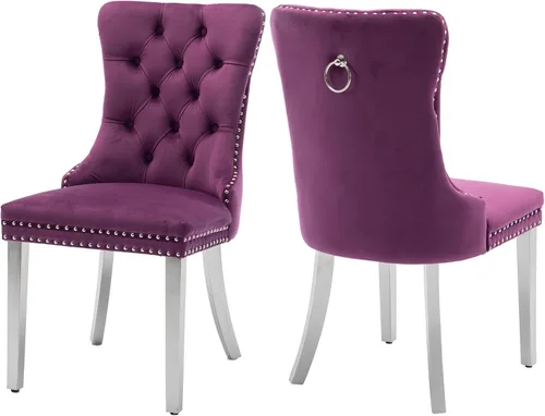 Vista 44 de Juego de 2 sillas de comedor de terciopelo, sillas de comedor tapizadas con tirador de anillo trasero, ribete de cabeza de clavo y patas doradas