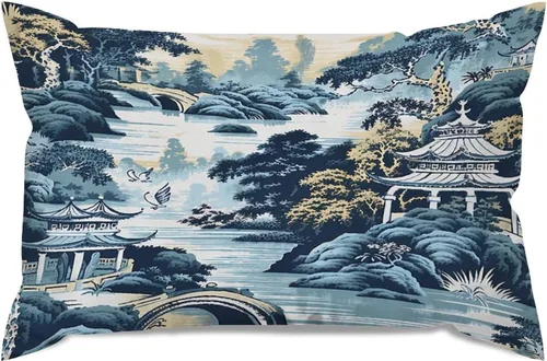 Vista 12 de Chinoiserie - Fundas de almohada decorativas de porcelana azul y blanca con patrón de edificios de estilo chino de 12 x 20 pulgadas, fundas de cojín