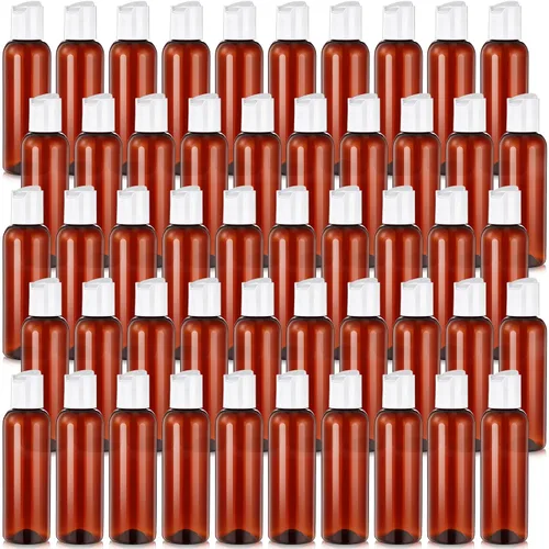 Vista 7 de Mimorou 50 botellas de plástico para apretar con tapa, recipiente recargable ámbar vacío, botella pequeña de aseo de viaje para loción, champú