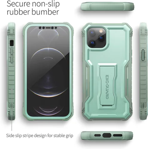 Vista 4 de ExoGuard Compatible con iPhone 12 Pro Max, funda de goma a prueba de golpes de cuerpo completo, protector de pantalla integrado con soporte