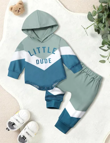 Vista 8 de Ropa para bebé niño, bloque de color, sudadera con capucha de gran tamaño, mameluco, pantalones largos, conjunto de trajes de otoño e invierno