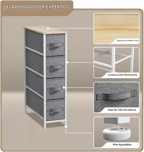 Vista 4 de Sorbus Cómoda estrecha con 4 cajones - cómoda de almacenamiento vertical delgada con marco de acero, parte superior de madera y contenedores de tela