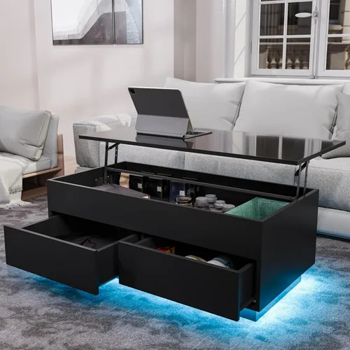 Vista 7 de HOMMPA Mesa de centro elevable de 40 pulgadas, mesas de centro negras con almacenamiento para sala de estar, mesa de centro moderna LED, mesa