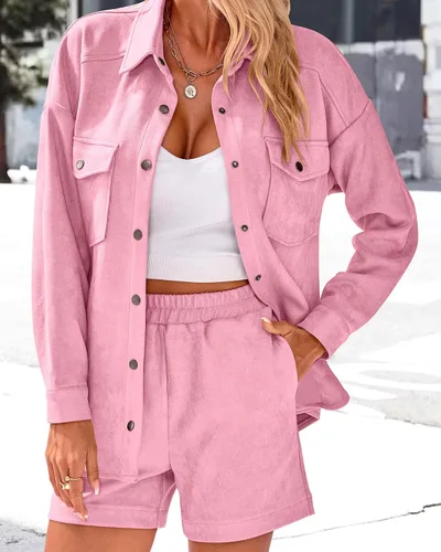 Vista 4 de KIRUNDO Conjunto casual de dos piezas para mujer, de manga larga, chaqueta y pantalones cortos
