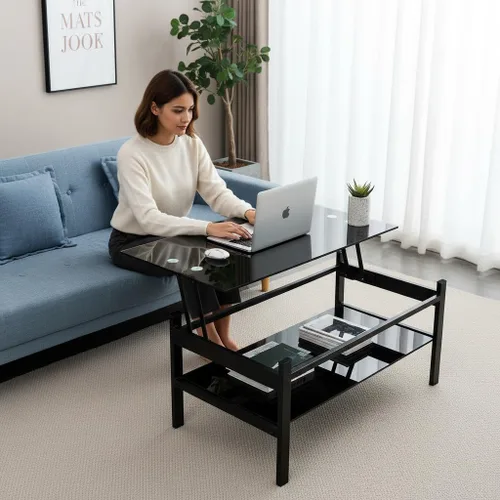 Vista 3 de Mesa de centro negra elevable, moderna mesa central pequeña de vidrio templado de 2 capas con almacenamiento, mesa auxiliar ajustable de 37.8