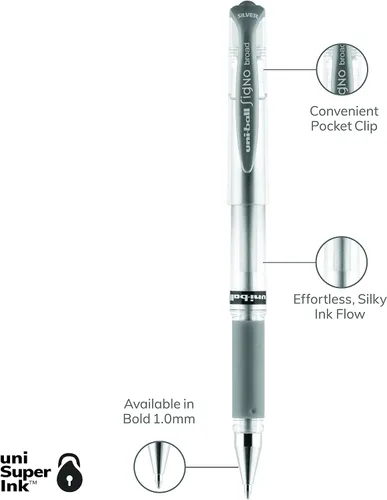 Vista 7 de Uniball Signo - Bolígrafos de impacto de gel, punta gruesa (0.039 pulgadas), plateado metálico, paquete de 12
