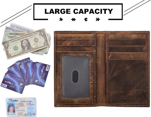 Vista 3 de Billetera delgada de cuero auténtico con bolsillo frontal, espacio para identificación y tarjetero con tecnología RFID