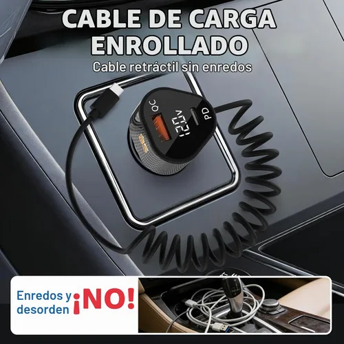 Vista 4 de Cargador de coche de 72 W para iPhone 17 16 15 Pro Max, cargador de coche 3 en 1 USB C de carga rápida con cable retráctil en espiral, adaptador