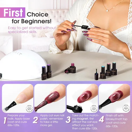 Vista 7 de ROSALIND Esmalte de uñas de gel de ojo de gato con imán, 12 piezas, esmalte de uñas de gel brillante holográfico púrpura azul rojo, esmalte de uñas