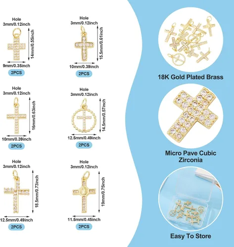 Vista 6 de Pandahall - 12 dijes de cruz chapados en oro de 18 quilates, circonita cúbica, colgantes pequeños religiosos con anillos de salto para hacer joyas