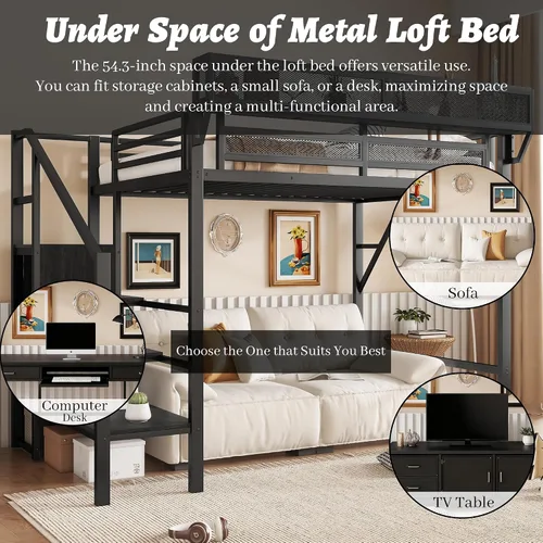 Vista 5 de Cama tipo loft individual con escaleras, cama alta de metal tamaño individual con estantes de almacenamiento y armario, estante de noche y gran