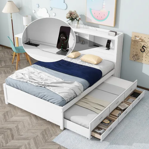 Vista 17 de Polibi Cama de plataforma de tamaño matrimonial con nido individual y estantería, cama de plataforma de almacenamiento de madera con cabecera