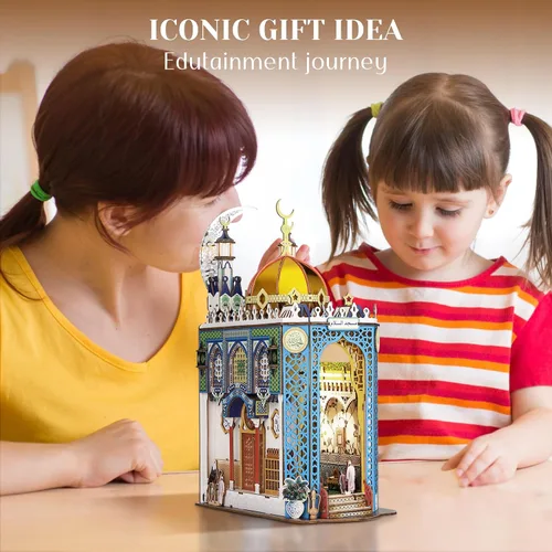 Vista 6 de Kit de Rincón de Libros DIY, Rompecabezas de Madera 3D Mezquita en Miniatura Booknook Sujetalibros Decoración de Estantería con Luz LED, La Casa