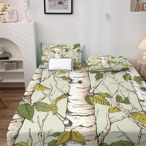 Vista 2 de Juego de sábanas de abedul tamaño individual, sábanas de bosque, sábanas y fundas de almohada estampadas de 3 piezas, sábana bajera ajustable