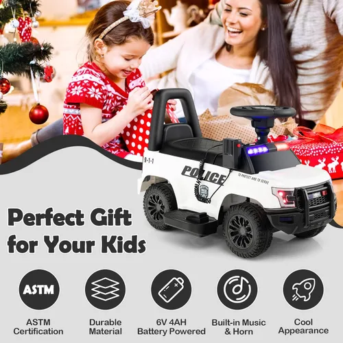 Vista 8 de GLACER Coche de policía para niños, auto de juguete eléctrico a batería de 6 V con megáfono real, música, luces intermitentes de sirena y faros