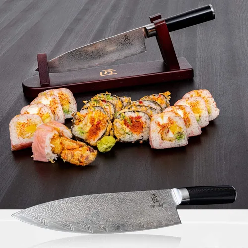Vista 7 de Deco Chef Cuchillo de chef profesional de acero de Damasco de alto carbono de 8 pulgadas, 67 capas AUS-10, calidad japonesa afilada con mango