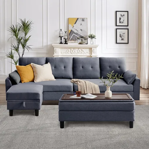 Vista 18 de Sofá en forma de L de 102 pulgadas, sofá con mesa auxiliar otomana, sofá moderno de 4 asientos con funda extraíble para apartamento y sala de estar