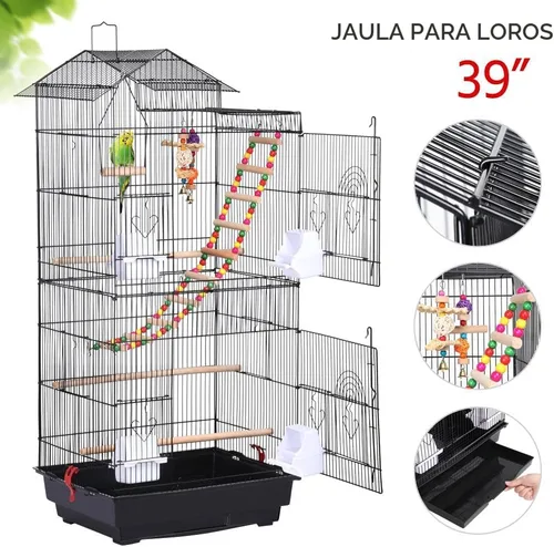 Vista 4 de Yaheetech - Jaula de vuelo de 39 pulgadas con juguetes, jaula de hierro forjado para cacatúas, conures, tortolitos, periquitos y pájaros pequeños