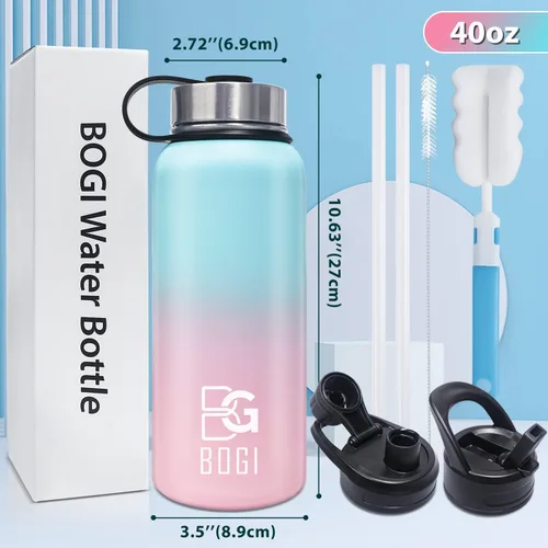Vista 2 de BOGI Botella de agua aislada de 40 onzas, botella de agua de acero inoxidable al vacío de doble pared con popote y 3 tapas, a prueba de sudor