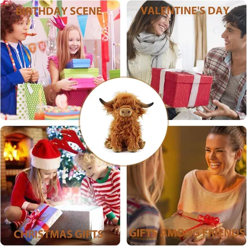Vista 7 de Highland Cow - Animal de peluche realista de vaca escocesa, juguete de peluche suave de animales de granja, regalo para adultos, niños y niñas
