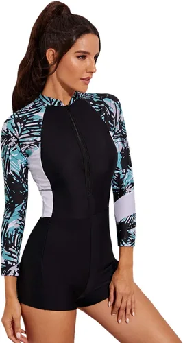 Vista 3 de MakeMeChic Traje de baño de una pieza con estampado tropical y cremallera frontal para mujer