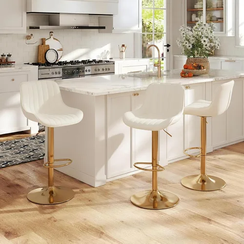 Vista 7 de Juego de 2 taburetes de bar giratorios de terciopelo con respaldo y reposapiés, sillas de bar doradas modernas ajustables para isla de cocina, bar