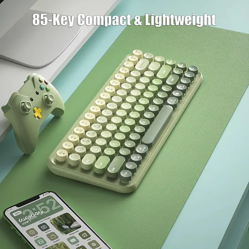 Vista 6 de Teclado de máquina de escribir inalámbrico de 2.4 GHz/Bluetooth/USB-C con cable de membrana recargable para juegos, interruptor de sensación