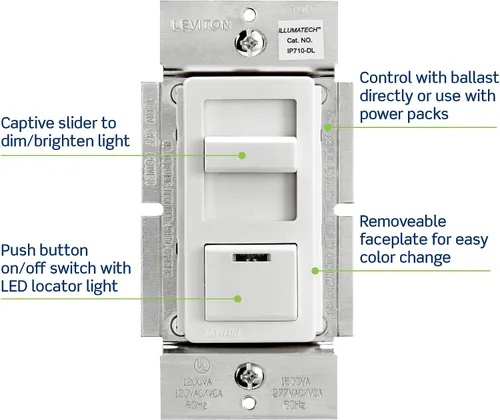 Vista 4 de Leviton IllumaTech - Interruptor de atenuación para LED de 0 a 10 V, balastos fluorescentes Mark 7, IP710-DLZ, blanco e IllumaTech interruptor