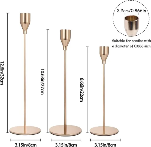Vista 2 de Juego de 3 candelabros dorados franceses, portavelas de metal para velas cónicas, candelabros dorados, se adapta a velas de 2.2 cm de grosor y velas