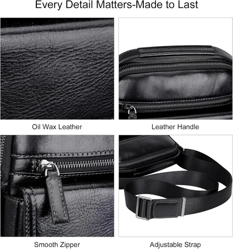 Vista 7 de PIJUSHI Bolso cruzado de cuero genuino para hombre pequeño bolso de mensajero con múltiples bolsillos