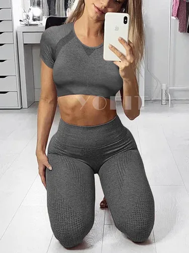 Vista 4 de YOFIT - Conjunto deportivo de 2 piezas leggings de yoga de cintura alta sin costuras y crop top con manga larga para mujer juego de ropa