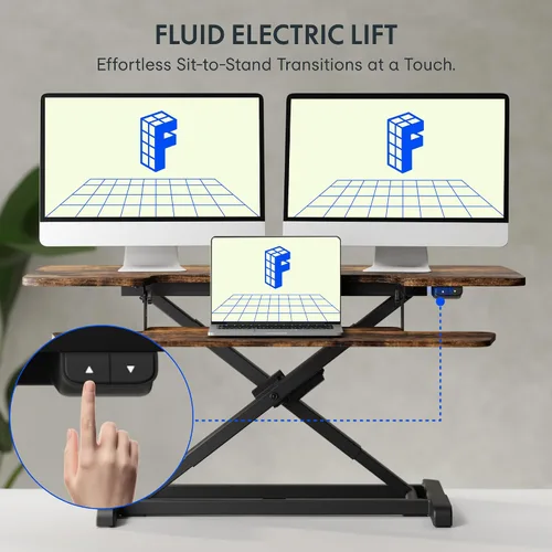 Vista 32 de FLEXISPOT Convertidor eléctrico de escritorio de pie de 32 pulgadas, elevador de escritorio motorizado para sentarse a pie, monitor de escritorio