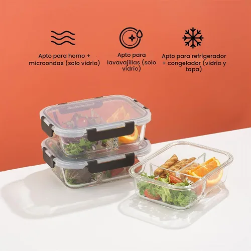 Vista 5 de JoyJolt Juego de caja Bento dividida de 3 compartimentos de vidrio para preparación de comidas, paquete de 5 recipientes herméticos
