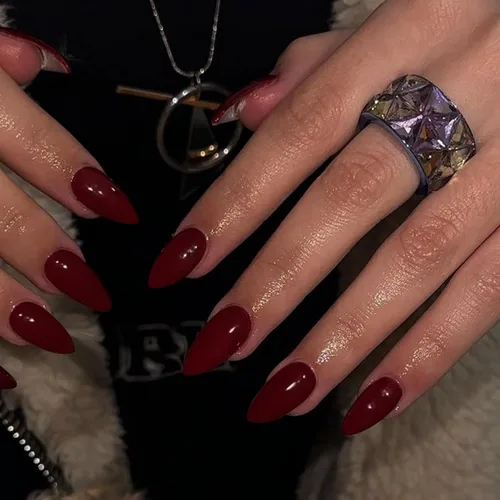 Vista 3 de 48 piezas de uñas postizas a presión color burdeos, uñas falsas en forma de almendra, pegamento para uñas, uñas de longitud media