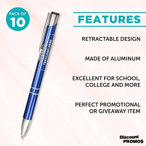 Vista 2 de DISCOUNT PROMOS Juego de 10 bolígrafos de aluminio personalizados, paquete a granel personalizado, tinta negra, ideal para oficina, escuela