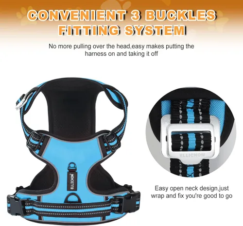 Vista 5 de Arnés sin tirones para perro, con 3 hebillas a presión, arnés frontal sin estrangulamiento, chaleco acolchado suave reflectante y ajustable para Azul