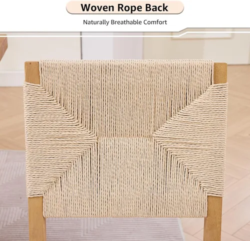 Vista 4 de ODUSE-DAILY Juego de 2 sillas de comedor French Country color beige, sillas de comedor de madera bohemia con respaldo tejido y asiento tapizado