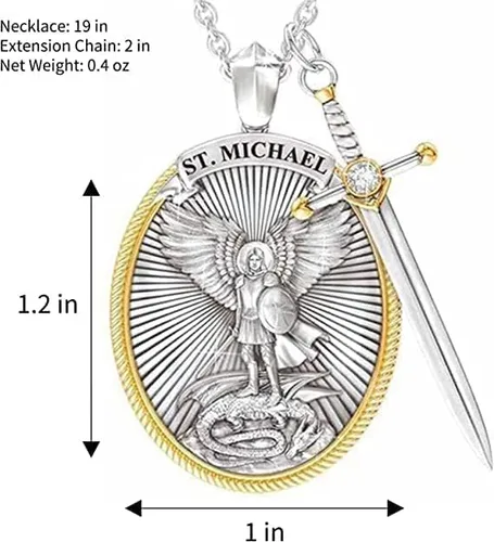 Vista 6 de Colgante de acero de Arcángel San Miguel Amuleto de San Miguel joyería de regalo para hombres y mujeres con collar de protección de espada divina