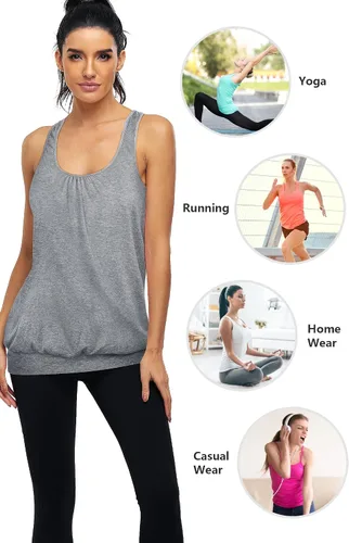 Vista 4 de BLEVONH Camisetas de yoga para mujer, parte inferior con bandas, ajuste holgado, espalda cruzada