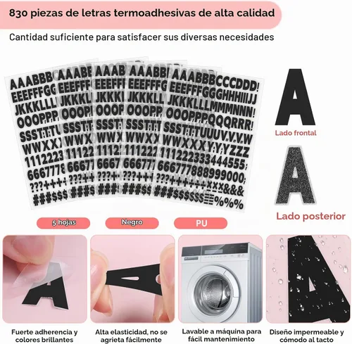 Vista 3 de 5 hojas, 830 piezas de letras y números para planchar para ropa, letras de vinilo para planchar de 1 pulgada con letras de transferencia de calor