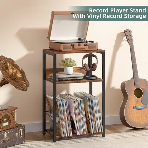 Vista 5 de Soporte para tocadiscos, mesa auxiliar de 3 niveles con almacenamiento de discos de vinilo, soporte para discos de vinilo de hasta 120 álbumes