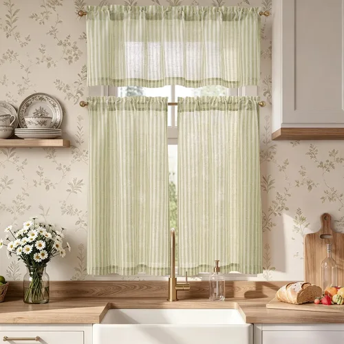 Vista 18 de Jinchan - Juego de cortinas y cenefas de cocina estilo bohemio negro sobre beige y bolsillo para barra Boho Negro sobre Beige
