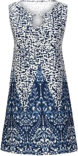 Vista 4 de Vestido corto de verano para mujer estampado floral sin mangas con agujero de cerradura casual holgado vestido de playa vestido de playa Blanco