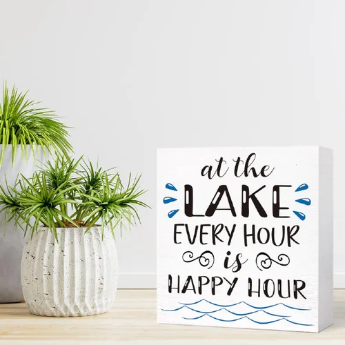 Vista 7 de Letrero de madera con texto en inglés "Lake Every Hour is Happy Hour", decoración de escritorio para el hogar, dormitorio, oficina, escritorio